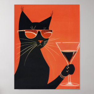 Affiche Chat noir cool avec lunettes de soleil Boire d'une