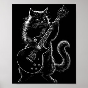 Affiche Chat Noir Cool Jouant de la Guitare Électrique Roc