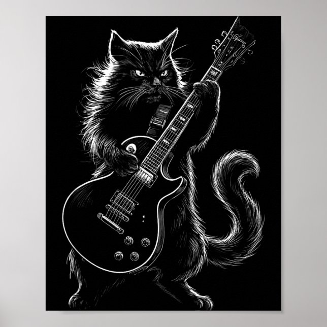 Affiche Chat Noir Cool Jouant de la Guitare Électrique Roc (Devant)