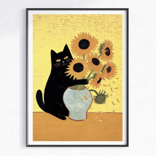 Affiche Chat noir coquin Style de peinture tournesol