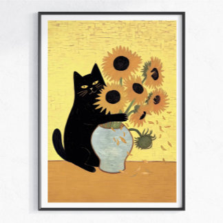 Affiche Chat noir coquin Style de peinture tournesol