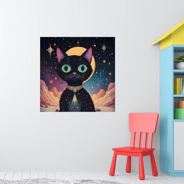 Affiche Chat noir cosmique futuriste atomique au clair de  (Pépinière 1)