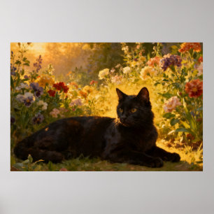 Affiche Chat noir dans les fleurs I