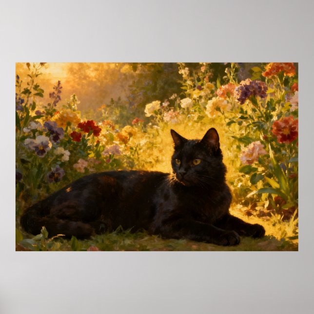 Affiche Chat noir dans les fleurs I (Devant)