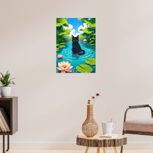 Affiche Chat noir dans un bassin de nénuphars