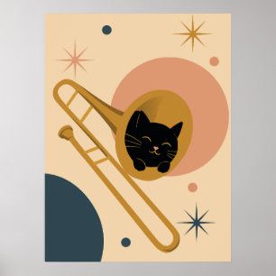 Affiche Chat noir dans un trombone Art de jazz fantaisis
