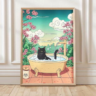 Affiche Chat noir dans une baignoire, Estampe, Art Japonai