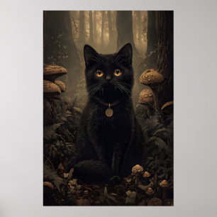 Affiche Chat noir dans une forêt sombre d'automne avec des