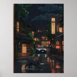 Affiche Chat noir dans une rue japonaise néonée pluvieuse 