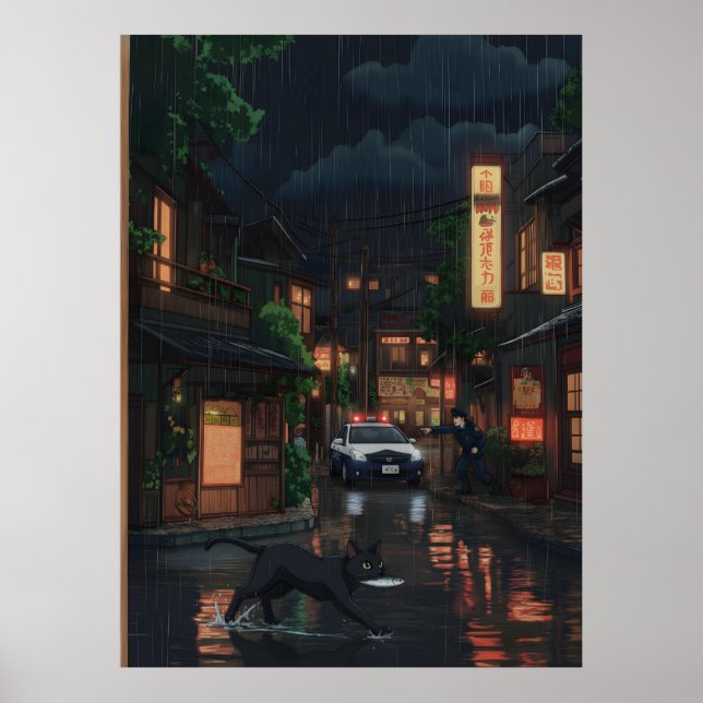 Affiche Chat noir dans une rue japonaise néonée pluvieuse  (Devant)