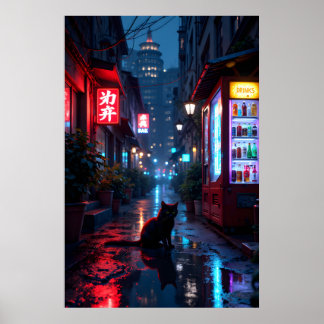 Affiche Chat noir dans une ruelle urbaine la nuit avec des