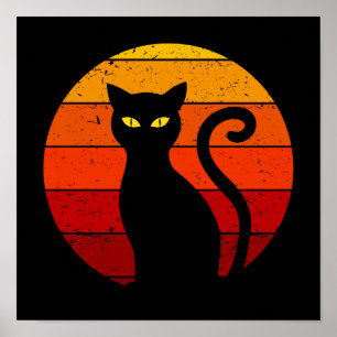 Affiche Chat noir de coucher de soleil rétro vintage Hallo