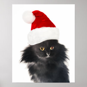 AFFICHE CHAT NOIR DE NOËL AVEC CHAPEAU DE PÈRE NOËL