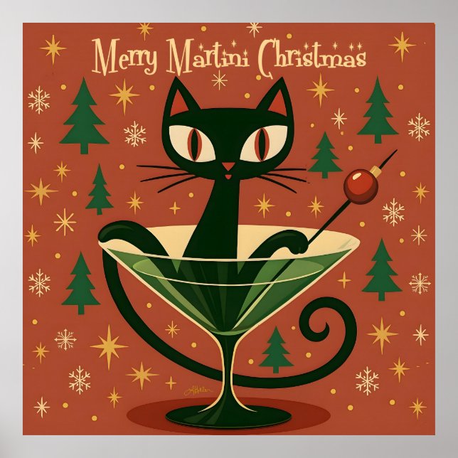 Affiche Chat Noir de Noël du Martini Joyeux Milieu de Sièc (Devant)