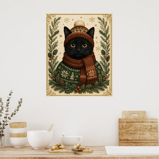 Affiche Chat noir de Noël vintage