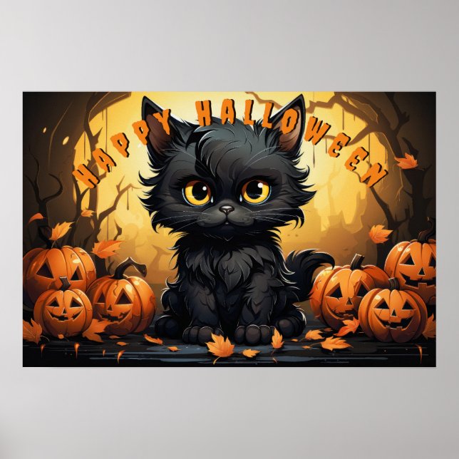 Affiche Chat noir d'Halloween assis avec Jack-O'-Lanterns (Devant)