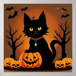 Affiche Chat noir d'Halloween entouré de citrouilles-lante