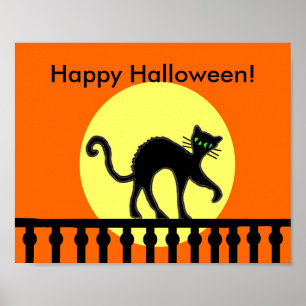 Affiche Chat noir d'Halloween sur une clôture au clair de