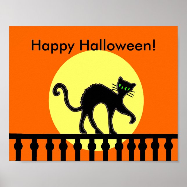 Affiche Chat noir d'Halloween sur une clôture au clair de  (Devant)