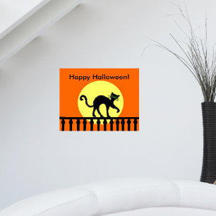 Affiche Chat noir d'Halloween sur une clôture au clair de