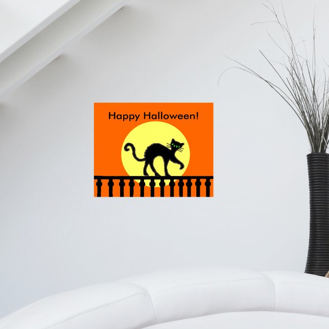 Affiche Chat noir d'Halloween sur une clôture sous la lune (Black cat arched back on black fence yellow moon on orange Happy Halloween wall poster decoration.)