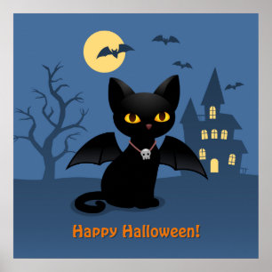 Affiche Chat noir d'Halloween Vampire avec des ailes