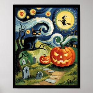 Affiche Chat noir d'Halloween vintage lors d'une nuit effr