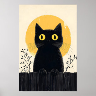 Affiche Chat noir drôle avec pleine lune