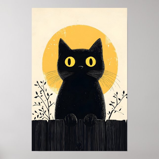 Affiche Chat noir drôle avec pleine lune (Devant)