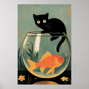 Affiche Chat noir drôle avec Poisson