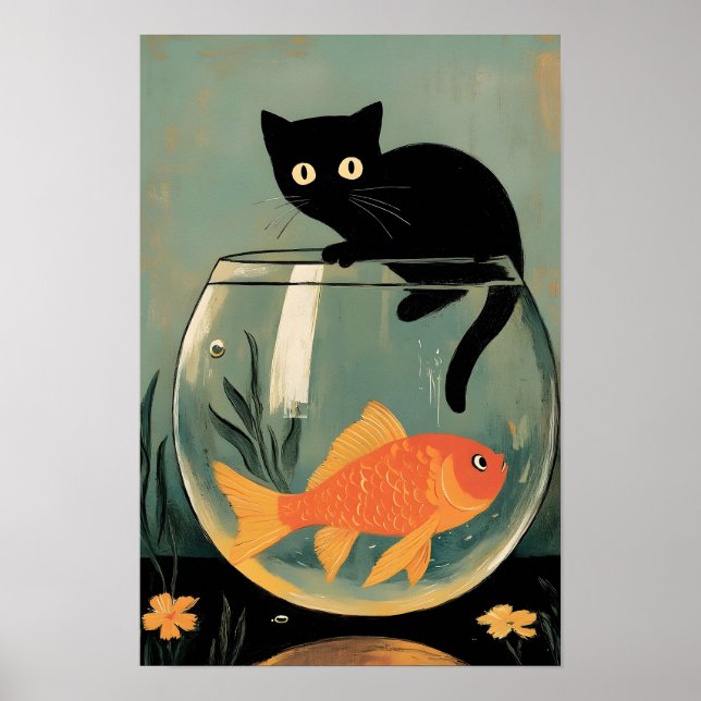 Affiche Chat noir drôle avec Poisson (Devant)