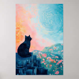 Affiche Chat noir drôle Banane et Vase de fleurs