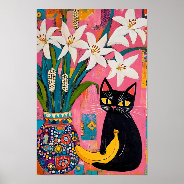 Affiche Chat noir drôle Banane et Vase de fleurs  (Devant)