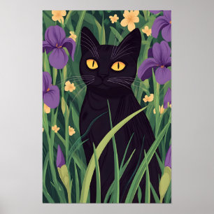 Affiche Chat noir drôle et belle fleur
