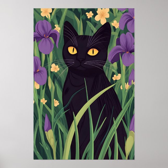 Affiche Chat noir drôle et belle fleur  (Devant)