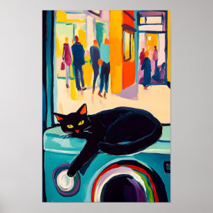 Affiche Chat noir drôle et machine à laver