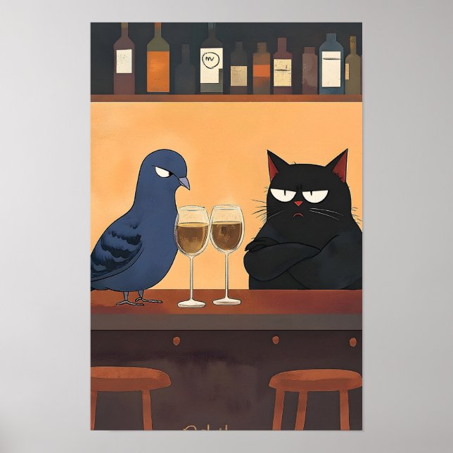 Affiche Chat noir drôle et oiseau (Devant)