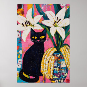 Affiche Chat noir drôle et vase de fleurs