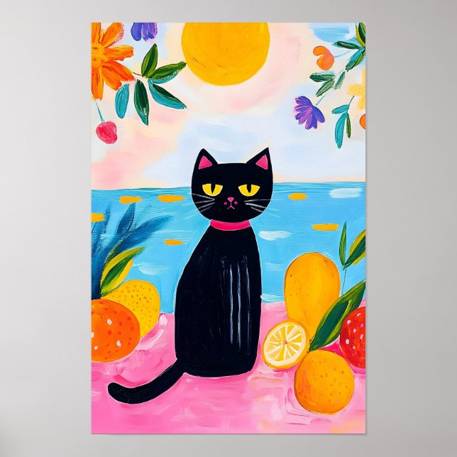 Affiche Chat noir drôle Fruits frais et Mer (Devant)