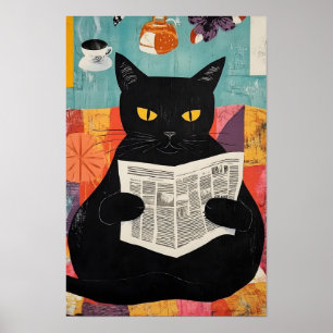 Affiche Chat noir drôle lisant un journal