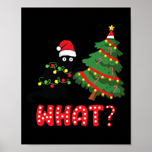 Affiche Chat Noir Drôle Poussant Arbre De Noël Sur Chat Wh (Devant)