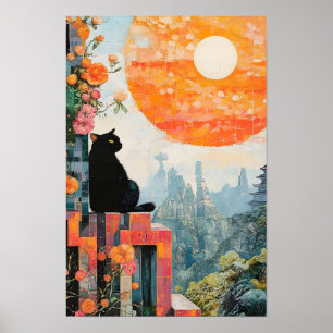 Affiche Chat noir drôle profitant de la pleine lune