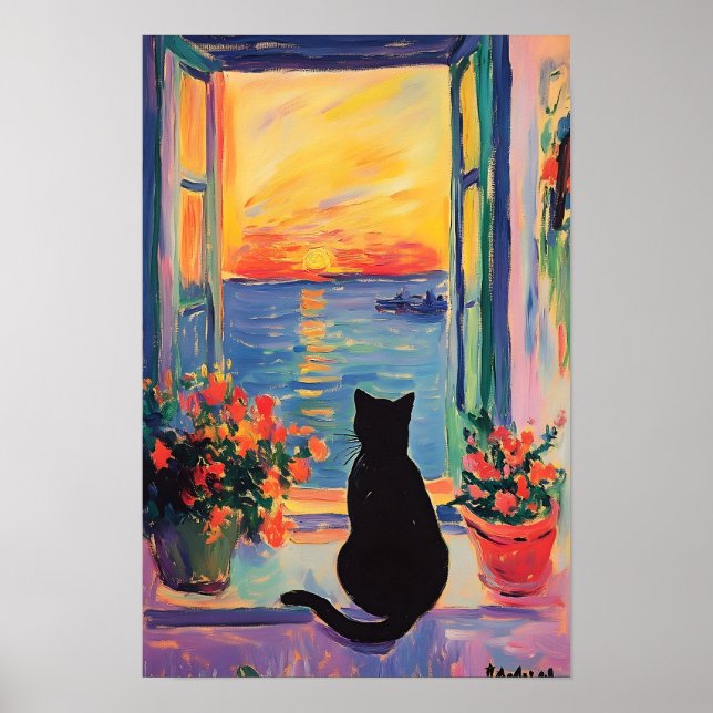 Affiche Chat noir drôle profitant du coucher de soleil  (Devant)
