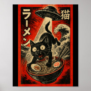 Affiche Chat noir drôle Ramen Alien Ufo Abduction Japonais
