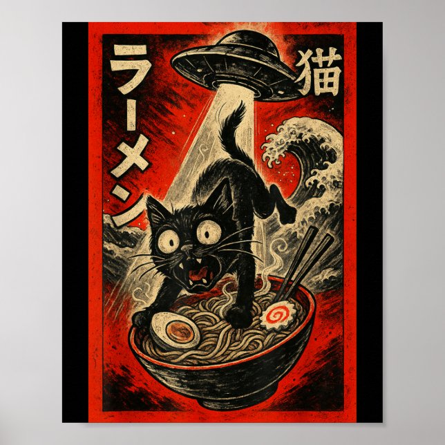 Affiche Chat noir drôle Ramen Alien Ufo Abduction Japonais (Devant)