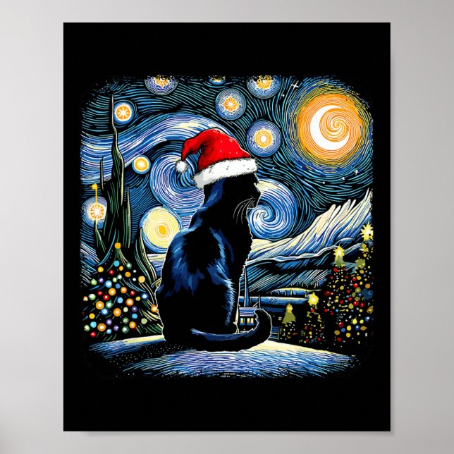 Affiche Chat Noir Drôle Santa Hat Nuit de Noël Joyeux Ch (Devant)