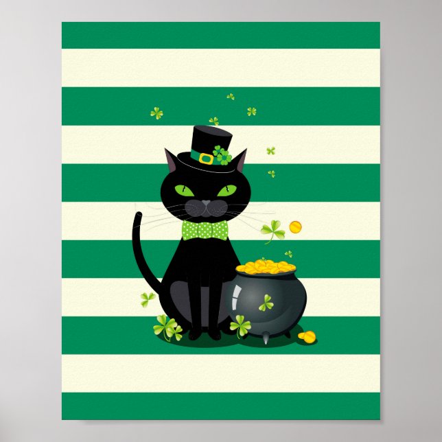 Affiche Chat noir en cravate arc et casquette avec shamroc (Devant)