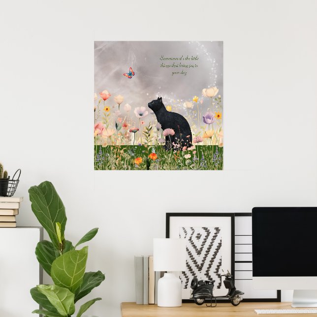 Affiche Chat noir en fleurs (Bureau à domicile)