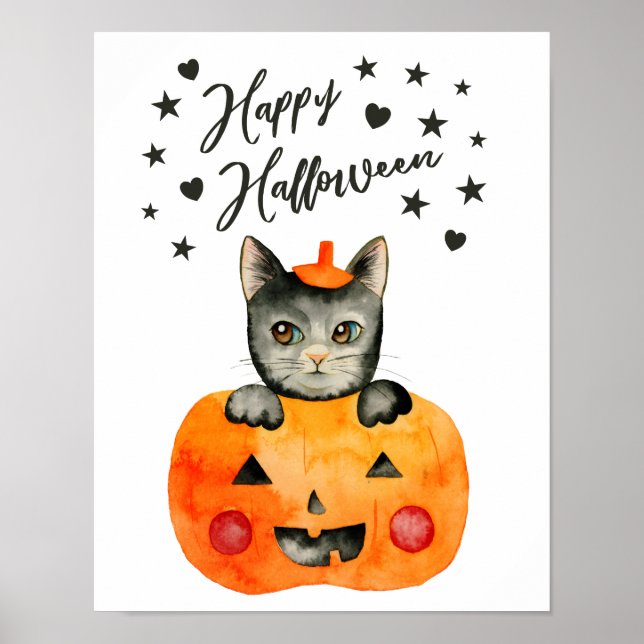 Affiche Chat noir et Citrouille | Bonne Halloween (Devant)