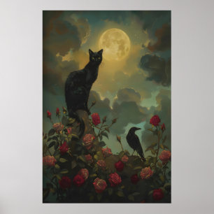 Affiche Chat noir et corbeau avec des roses sous la pleine